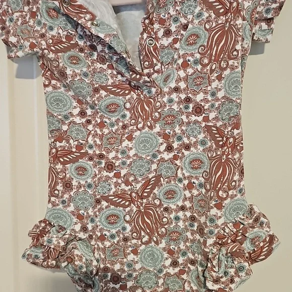 Kate quinn 12-18m ruffle side hips peacock print onesie bamboo * - Picture 4 of 6